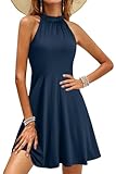 OUGES Sommerkleid Damen Knielang Neckholder Kleid Sommer Blumenmuster Elegant Cocktailkleid