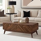 LuxenHome Mid Century Moderner Couchtisch aus Holz, 119,4 cm, mit Stauraum, Walnussholz, Mitteltisch, Couchtische für Wohnzimmer, Boho-Couchtisch mit reichlich Stauraum, Walnuss