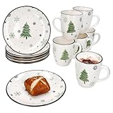 MamboCat Weihnachtsbaum 12tlg Frühstücksset I Je 6x kleine Frühstücksteller & Kaffeebecher für 6 Personen mit Tannenbaum & Schneeflocken I Weihnachten