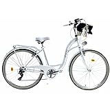 Davi Emma, Fahrrad mit Weidenkorb, Damenfahrrad, Hollandfahrrad, Citybike, Fahrrad für Damen, Mädchen, Retro, Vintage, 28 Zoll Alu Räder, 7 Gang, Korb mit Polsterung Gratis! (Weiß)