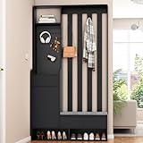 Ymkua Garderobenset Wandgarderobe, Flurgarderobe Set mit Schuhbank, 3 Schubladen und Kissen, Garderoben Set mit 4 Kleiderhaken und Türen, Kompaktgarderobe, Wandgarderobe (Schwarz)
