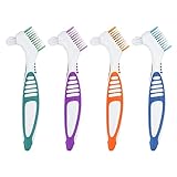 4 Stück tragbare Prothesenreinigungsbürsten, mit mehrschichtigen Borsten und ergonomischem Gummigriff, tragbare doppelseitige Gebissbü rste für die Prothesenpflege (4 Farben)