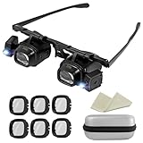 Lupenbrille mit Licht,Kopflupe mit Licht, Kopf Lupenbrille für Brillenträger,4 Abnehmbare Linsen,2 LED-Leuchten,Freihändige Leselupe zum Lesen,Schmucklupe,Reparatur(2-Fach,6-Fach,10-Fach,24-Fach)