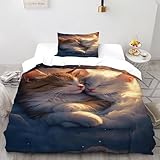 LOVEROGD Katzen Wolken Bettwäsche Kinderbettwäsche-Set Animal Themes Reißverschluss Mit Kissenbezügen Betten Set Für Jugendliche Kinder Schlafzimmer Single（135x200cm）