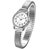 JewelryWe Damen-Armbanduhr, elastisch, dehnbar, analog, Quarz, Edelstahl, 1 ATM, wasserdicht, rund, klassisch, einfach, mit schmalem Armband, Geschenk für Damen, silber, 21-24cm, Armband