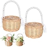 2 Stück Blumenkorb Hochzeit, 13 x 13 cm Kleiner Weidenkorb mit Henkel, Geflochtener Blumenkorb, Lace Gewebter Blumenkorb, Hochzeit Streukörbchen, Für Party, Festival, Tischdeko