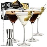 Vemacity Elegante Espresso Martini Gläser 4er Set & Silber Cocktail Zubehör | Gerippte Glas | Handgefertigte Cocktailgläser Set | Ideal Manhattan, Margarita Cocktail Gläser| Martinigläser