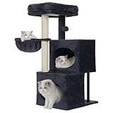 Heybly Kratzbaum, 92 cm Gestufter Kleiner Kratzbaum mit Großem Plateau, 2 Schlafplätzen, Vollständig Sisalumwickelten Säulen und Plüsch-Pompom mit Glocke, Ideal für Indoor, Rauchgrau HCT201SG