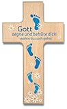 Uljö °° Kinderkreuz Holzkreuz Gott segne und behüte dich Füße blau