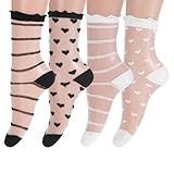 JJUNW 4 Paar Durchsichtige Socken, Söckchen Damen, Spitzen Kurze Söckchen Ultra Dünner Netz Sommer Wadensocken für Sommer Damen Mädchen Universelle Größe