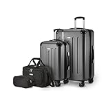 Amazon Basics Hartschalenkoffer-Set, 4Stück, Großer Koffer, Handgepäckkoffer, Tragetasche, Kompakte Reisetasche, Erweiterbar, 4 Spinner-Räder, Schwarz