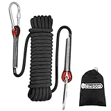 NewDoar 12KN Statisches Kletterseil 10mm Zubehörschnur Ausrüstung Fluchtseil 10M/20M/30M Kletterseile mit 2 Karabinern zum Abseilen, Eisklettern, Feuerrettung, Abseilen etc-Schwarz/10 m
