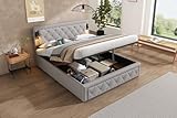 Polsterbett 160*200, mit Downlight & USB-Schnittstelle, mit Lattenrost und Rautenstreifen-Kopfteil, Stauraumbett, hydraulisches Polsterbett, Doppelbett, Lattenrost aus Holz, Leinen, Grau (160*200cm)