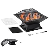 Outsunny Feuerschale 45 x 45 x 34cm aus Edelstahl Feuerstelle mit Funkenschutz Schürhaken Feuerschalen Feuerkorb für Garten, Balkon, BBQ Camping Schwarz