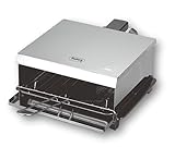 Rosberg Retro-Partygrill für drinnen und draußen, 800W, Kompakter Elektrogrill mit Abnehmbarem Deckel, für Sandwiches, Würstchen, usw., Metallrost, Fettauffangschale, 27x23x15 cm, Silber