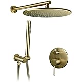 Badewannenarmaturen, verdeckter Duschhahn, runder Duschkopf aus massivem Messing für das Badezimmer, luxuriöser Duschmischhahn, gebürstetes Gold, Regenduschen-Set, Mischbatterie mit Handbrause und B