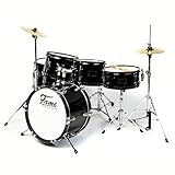 Fame Schlagzeug, 5-teiliges Set mit Becken und Hardware, schwarze Spannreifen, verchromte Spannschrauben, einstellbare Sitzhöhe - Piano Black, ideal für Einsteiger