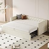 gonew21 Elegantes Ausziehbares Polster-Schlafsofa 90/200 cm Beige, Gästebett mit stabilen Lattenrost, Sofa & Tagesbett in Einem, Tragfähigkeit 300 kg