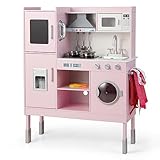 COSTWAY Kinderküche mit 16 Spielzubehör, Spielküche Holz inkl. Dunstabzugshaube & Eismaschine & Telefon & Waschmaschine & Mikrowelle, Spielzeugküche für Kinder ab 2 Jahre, Rosa (83 x 29 x 103 cm)