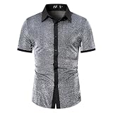 Beokeuioe Glänzend Hemden Freizeit Glitzer Hemd Herren Kurzarm Hippiehemd Slim fit Kurzarmhemd Clubwear 70er Disco T Shirts Mode Nachtclub Bühne Party Festliche Karneval Kostüme