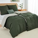 Duvetnova Bettwäsche 135x200 4teilig Olivgrün/Beige Bettwäsche-Sets Microfaser ÖKO-TEX Wendebettwäsche, weich & bügelfrei 2 Bettbezüge 135 x 200 + 2 Kissenbezüge 80x80 -alle mit Reißverschluss