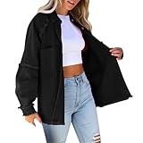 Damen Herbst Einfarbig Denim gewaschen mit Kanten und Taschen locker lässig Langarm Jeansjacke Socke Junge, Schwarz , S