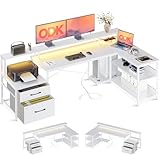 ODK Schreibtisch mit Schubladen, Reversibel Schreibtisch Eckschreibtisch Groß mit LED, Schreibtisch L Form mit Steckdosenleiste, Weiß 189.3×100cm