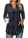 Siddhe Damen Bluse Tops Elegant Longbluse 3/4 Ärmel Oberteile V-Ausschnitt Tunika A-Linie Locker Arbeit Longshirt Lässige Business Schwarz Gestreift Shirt Mode Hemd Büro Damenblusen, 2XL
