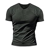 Herren Slub Henley T-Shirt Kurz Ärmel Leicht Entspannt Passen Beiläufig mit 3 Knöpfen Knopfleiste Rundhals Hemden Dunkelgrau L