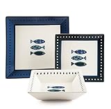 Excelsa Ocean Tafelservice aus Keramik, quadratisch, 18-teilig, Motiv blaue Fische