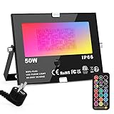 ChangM RGB LED Strahler Fluter Außen Mit Fernbedienung Objektbeleuchtung 1er Pack 50W LED Fluter Flutlichtstrahler, IP66 Wasserdicht LED Flutlicht, Garten Stimmungslichter