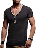 Leif Nelson Sommer T-Shirt Herren V-Ausschnitt (schwarz, Größe M) - Coole Tshirts V-Neck Baumwolle - Basic Shirts Männer Kurzarm tiefem Ausschnitt