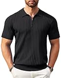 COOFANDY Poloshirt Herren Sommer Strick Kurzarm Polo Shirts mit Reißverschluss Business Stretch Golf Polohemd Schwarz XXL