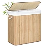 SONGMICS Wäschekorb, 150 l, schmutziger Wäschekorb, 3 Sortierfächer, Deckel aus Bambus, Griffe, faltbar, abnehmbarer Beutel, maschinenwaschbar, für Waschküche, Schlafzimmer, Holzfarbe LCB091N01