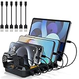 TechDot Ladestation für mehrere Geräte, 50W 6-Port USB Ladestation mit magnetischem Uhrenhalter, mechanische Ladestation, 6-Port Kabel enthalten, Schwarz