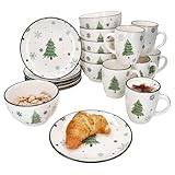 MamboCat Weihnachtsbaum 18tlg Frühstücksset I Je 6x kleine Frühstücksteller, Müslischale & Kaffeebecher für 6 Personen mit Tannenbaum & Schneeflocken I Weihnachten