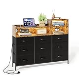 IRONCK Kommode mit Schubladen, Schubladenschrank mit LED-Beleuchtung & Ladestation, 9 Stoffschubladen & 3 Offene Fächer, Moderner Schubladenschrank für Schlafzimmer & Wohnzimmer (Vintage Schwarz)
