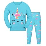 Gumyoss Mädchen Schlafanzug Katze Kinder Pyjama Baumwolle Langarm Winter Cat Schlafanzüge Zweiteiliger Größe 134, Hellblau/Katze