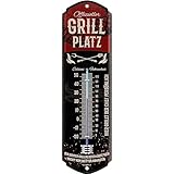 LANOLU Retro Blechschild GRILLPLATZ THERMOMETER - GRILL Schild Garten außen - Deko Garten Vintage Schilder - Blechschild Grill Geschenke Schild aus Metall mit Wölbung 8x28cm