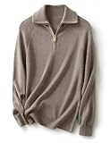 Ciovkis Damen Merinowolle Mischung Pullover 2025 Herbst Winter Polo V Ausschnitt 1/4-Reißverschluss Lange Ärmel Strickpullover (Hellbraun Grau,L)