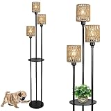 Rayofly Rattan Stehlampe Wohnzimmer, Boho mit Regal, 3-flammige Vintage Stehleuchte Lampenschirm & Fußschalter, Industrial für Schlafzimmer Kinderzimmer Büro, Höhe 168cm