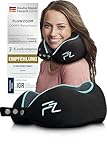FLOWZOOM Comfy Nackenkissen für Flugzeug & Auto - Einstellbares Memoryschaum Nackenhörnchen mit flexiblen Druckknöpfen für 360° Stütze, atmungsaktiver waschbarer Bezug - inkl. Beutel - Schwarz