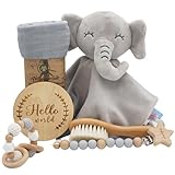 Babynize® Baby Geschenk zur Geburt Junge & Mädchen - Elefanten Schnuffeltuch, Musselin Spucktuch, Nuggiband, Greifling/Rassel, Bürste, Meilensteinkarte - Geschenk zur Geburt, Babyparty & Taufe.