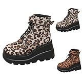 Motorrad Schuhe Verschleißfest Winterstiefel Rutschfest Schnürstiefel - Stiefeletten Damen Warm Gefüttert Wasserdicht - Bomberschuhe Klobig Leoparden Reitstiefel Vintage Schlupfstiefel Große Größen