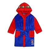 Super Mario Kinder Bademantel Morgenmantel, flauschig, Coral Fleece mit Kapuze, Logo, Junge, Mädchen (DE/NL/SE/PL, Numerisch, 128, Regular, Blau-Rot)