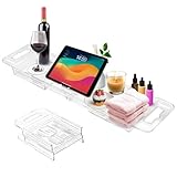 Badewannenablage Kunststoff, Ausziehbare Badewannenbrett von 56 bis 79 cm, Badewannentablett mit Bracket, Transparent Badezimmer Tablett für Kerzen, Handtücher, Wein, Bücher, Telefone, Tablets, Dusche