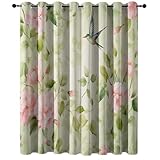 100% Blickdichte Vorhänge Aquarell Pflanzen Blumen Vögel Bedruckte Verdunklungsvorhänge mit Ösen, Hellgrün Thermo Isoliert Gardinen für Wohnzimmer Schlafzimmer, H 200 x B 70 cm (2er Pack)