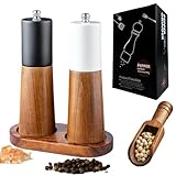 GCFTIFF salz und pfeffermühle holz mit Untersetzer und Löffel,Gewürzmühlen Set aus massivem Holz und keramischem Stahlkern, Küchenhelfer Set,einweihungsgeschenk wohnung(2 Stück weiß+schwarz, 6 Zoll)
