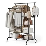 HAUSPROFI Schwerlast Kleiderständer auf Rollen, Doppel-Kleiderstange mit 3 Ablagen & Haken, Stabile Rollgarderobe aus Metall（Schwarz）