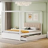YESGIGA Himmelbett140x200 cm mit großen Schubladen und weicher Rückenlehne, Holz Bett weiß